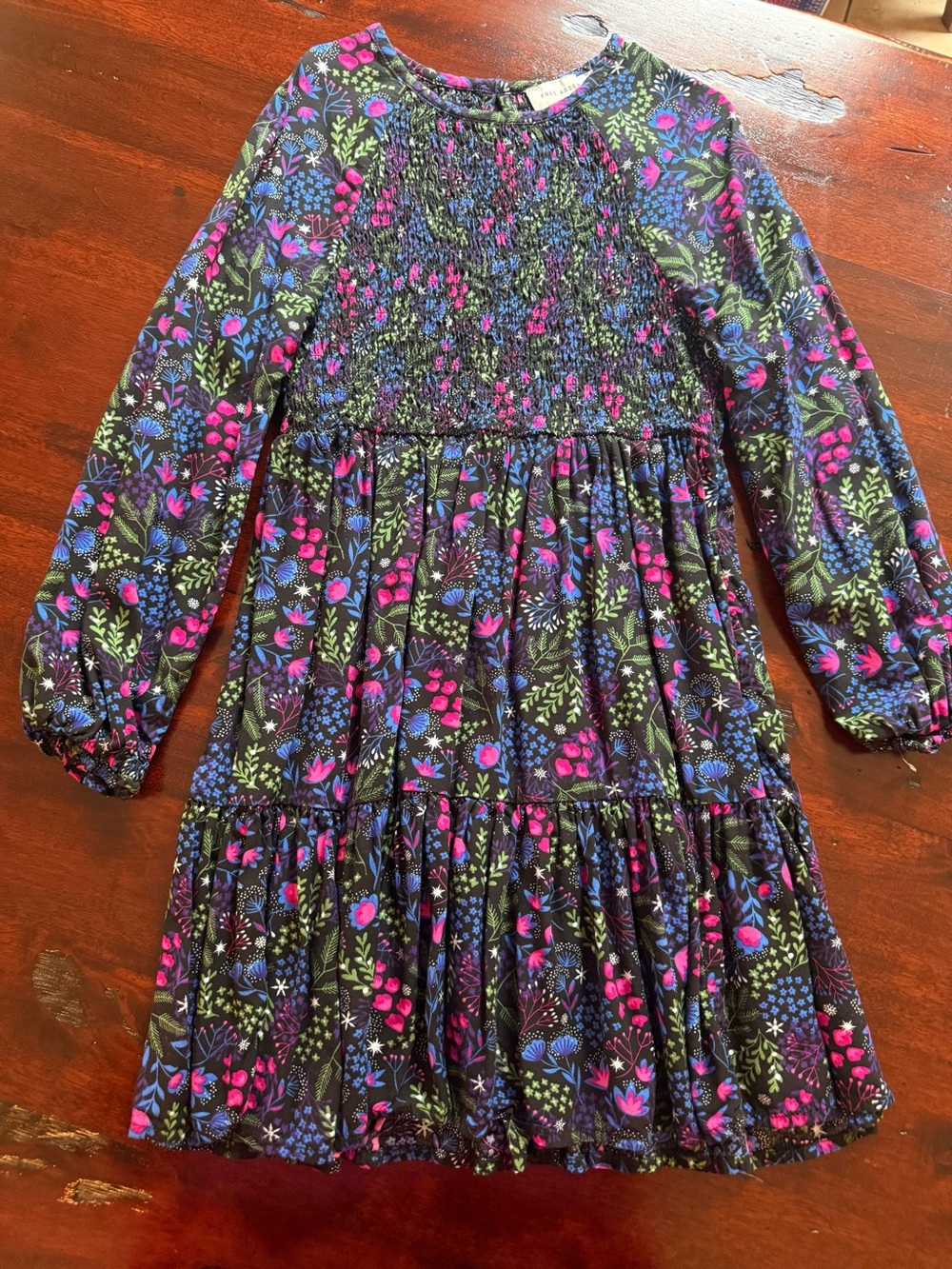 Girls' Floral Smocked Long Sleeve Dress - Black with Pink & Blue Flowers